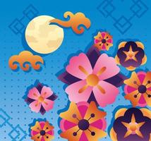 cartel feliz del festival del medio otoño con luna llena y jardín de flores vector