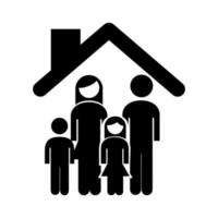 pareja de padres de familia con hija e hijo en el icono de estilo de silueta de casa vector
