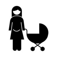 Figura de embarazo de madre de familia con icono de estilo de silueta de carro de bebé vector