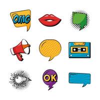 paquete de nueve iconos de conjunto de arte pop vector