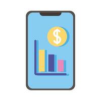 smartphone with money and statistics bars flat style icon vector