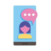 smartphone device with woman and speech bubble flat style icon vector