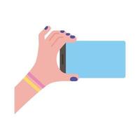 female hand lifting smartphone horizontally flat style icon vector