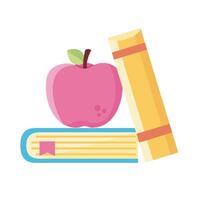 pila de libros de texto útiles escolares e icono de estilo plano de manzana vector