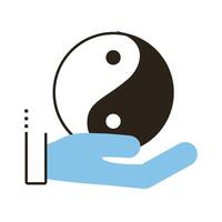 mano levantando la línea del símbolo yin yang y el icono de estilo de relleno vector