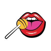 Pop art mouth with sweet candy lollipop fill style icon vector