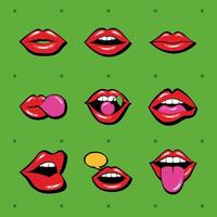 Paquete de nueve bocas y labios establecer iconos en fondo verde vector