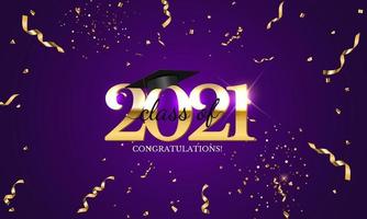 Graduation class of 2021 with graduation cap and confetti vector