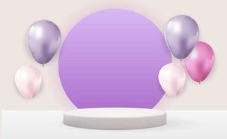 Realistic 3d white pedestal over light pastel natural background with balloons. Trendy empty podium display for cosmetic product presentation, fashion magazine. vector