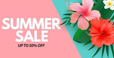 cartel de venta de verano fondo natural con hojas de palmeras tropicales y flores exóticas vector
