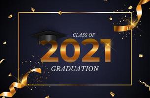 Graduation class of 2021 with graduation hat, confetti and golden ribbon vector