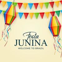 Festa Junina Background with Party Flags and Lanterns. Brazil June Festival Background for Greeting Card vector