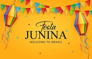 Fondo de fiesta junina con banderas de fiesta y linternas. Fondo del festival de junio de brasil para tarjeta de felicitación vector