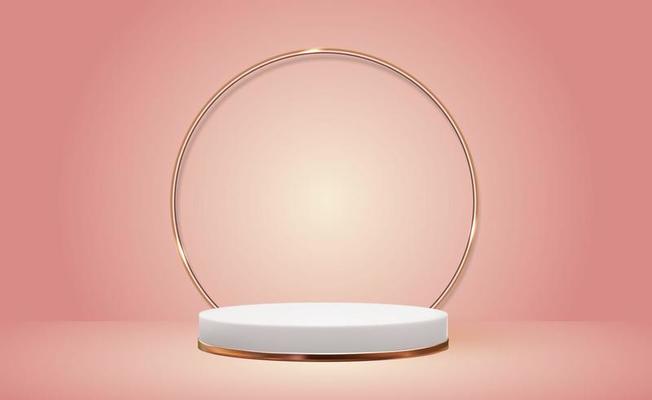 White 3d pedestal background with Golden Glass Ring Frame for cosmetic product presentation or fashion magazine.