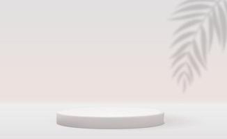 White 3d pedestal background with realistic palm leaves shadow for cosmetic product presentation or fashion magazine vector