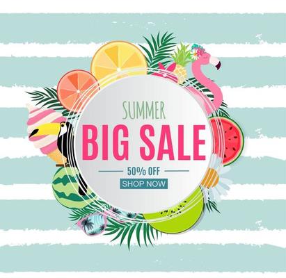 Abstract Summer Sale Background with Palm Leaves, Watermelon, Ice Cream and Flamingo