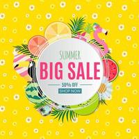 Abstract Summer Sale Background with Palm Leaves, Watermelon, Ice Cream and Flamingo vector