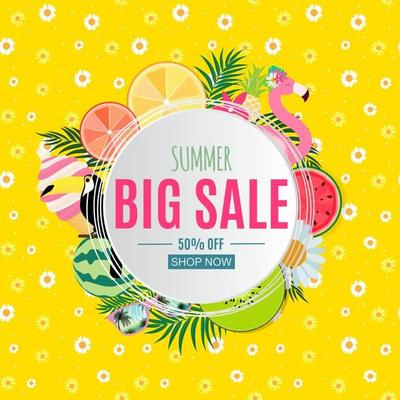 Abstract Summer Sale Background with Palm Leaves, Watermelon, Ice Cream and Flamingo
