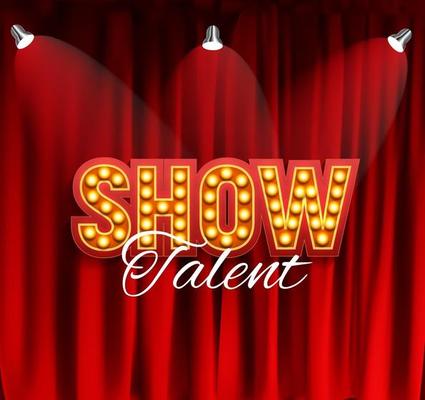 Realistic Show announcement board with bulb frame on curtains background