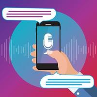mano con teléfono móvil con botón de micrófono y tecnologías inteligentes en estilo plano. asistente personal y concepto de reconocimiento de voz vector