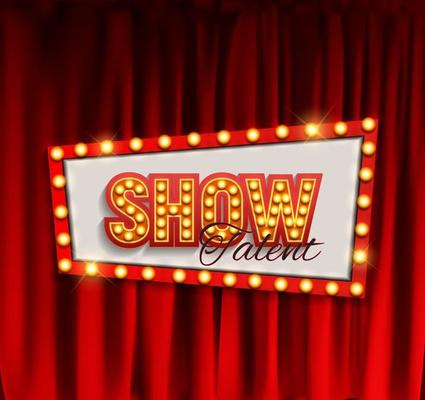 Realistic Show announcement board with bulb frame on curtains background