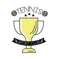 tennis balls and lettering with trophy cup line and fill style vector