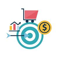 Digital marketing target with bars chart cart and coin flat style icon vector design