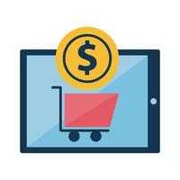 Digital marketing cart in tablet with coin flat style icon vector design