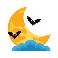 halloween bats flying with moon crescent and clouds vector