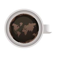 Bebida de taza de café con icono de vista aérea del mapa mundial vector