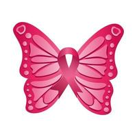 pink ribbon with butterflie breast cancer silhouette style icon vector