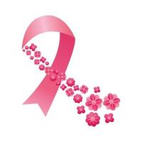 pink ribbon with flowers breast cancer silhouette style icon vector