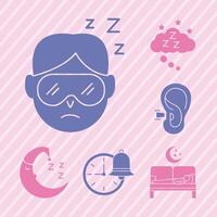 man sleeping with bundle of Insomnia silhouette style icons vector