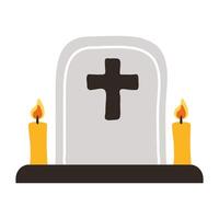 tumba del cementerio con cruz y velas icono de estilo plano vector