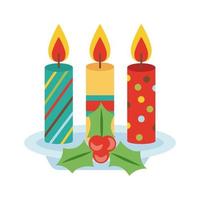 happy merry christmas berries and leafs with candles flat style icon vector