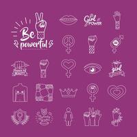 paquete de iconos de estilo de línea de feminismo en fondo morado vector