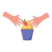 hands with sweet cupcake and strawberry isolated icon vector