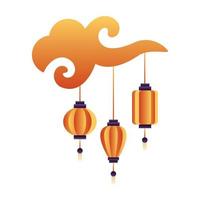 Lámparas de papel chino colgando en los iconos de la nube vector