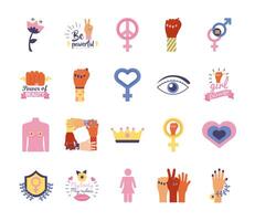 bundle of feminism flat style icons in yellow background vector