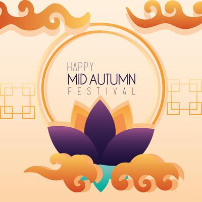 happy mid autumn festival lettering poster with flower in circular frame