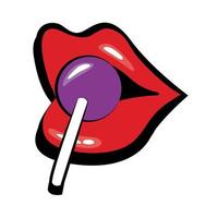 Pop art mouth with sweet candy lollipop fill style icon vector