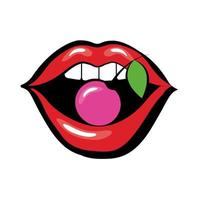 Pop art mouth biting cherry fill style icon vector