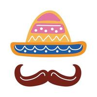 sombrero mexicano tradicional con icono de estilo plano bigote vector