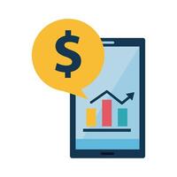 Digital marketing bars chart in smartphone with money bubble flat style icon vector design