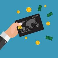 Mano sujetando el concepto de pagos financieros y en línea con tarjeta de crédito vector