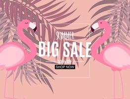 Abstract Summer Sale Background with Flamingo and Palm Leaves vector