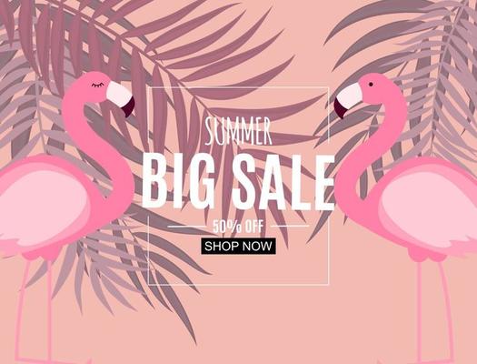Abstract Summer Sale Background with Flamingo and Palm Leaves