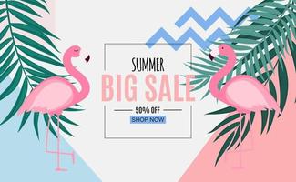 Abstract Summer Sale Background with Palm Leaves and Flamingo vector