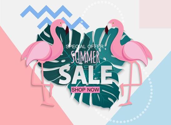 Abstract Summer Sale Background with Palm Leaves and Flamingo
