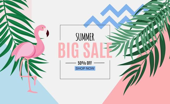 Abstract Summer Sale Background with Palm Leaves and Flamingo